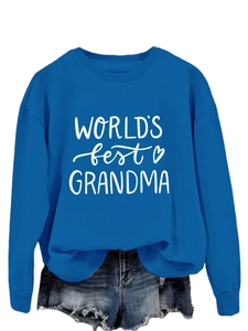 Detail of navy blue crewneck sweatshirt with World's Best Grandma print and heart