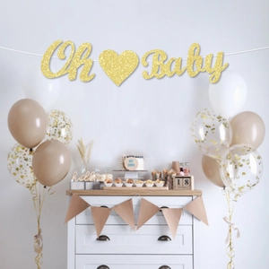 Banderole OH Baby à paillettes dorées avec cœur pour décoration de fête et baby shower