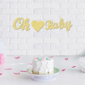 Banderole Oh Baby en paillettes dorées avec cœur pour décoration de fête baby shower
