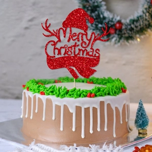Decorazione per torta Merry Christmas rosso scintillante con cappello di Babbo Natale e corna