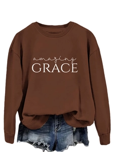 Detailed texture of dark brown round neck sweatshirt with Amazing Grace print
