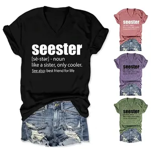 Women V Neck Short Sleeve T Shirt Seester Dictionary Graphic Print Loose Casual Cotton Blend Summer Tee Top Streetwear