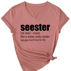 Women V-neck short sleeve T-shirt in dusty rose with seester print and knotted hem
