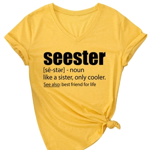 Casual mustard yellow V-neck T-shirt with seester print and front knot detail