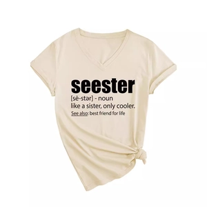 Beige V-neck short sleeve T-shirt with black seester print and front knot detail
