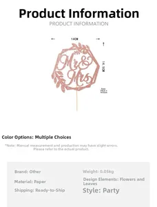 Detailed size specifications of Mr & Mrs rose gold glitter cake topper for weddings