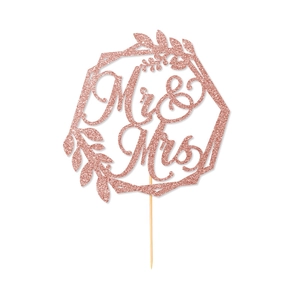 Rose gold glitter Mr & Mrs cake topper with geometric leaf frame for wedding party