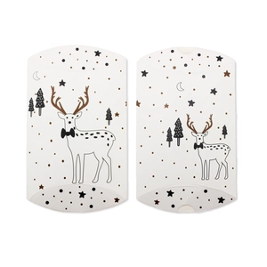 White pillow gift boxes with Nordic reindeer and fir tree illustrations for Christmas