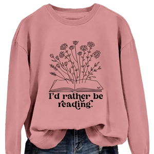 Pink 'I'd rather be reading' sweatshirt with floral book print and long sleeves