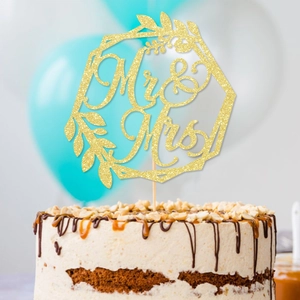 Golden glitter Mr & Mrs cake topper with hexagon frame for wedding cake decoration