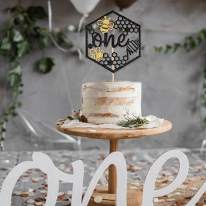 Bienen-Themen ONE Tortenstecker mit schwarzem Glitzer und Gold für den ersten Geburtstag