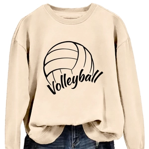 Felpa girocollo beige con stampa grafica pallavolo nera e vestibilità comoda