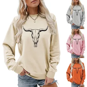 Sweatshirt Femme Imprimé Crâne de Taureau Western Manches Longues Casual Col Rond Mélange de Coton Pullover Top Mode Streetwear