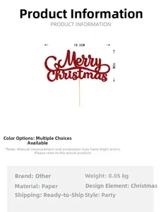 Detailed view of red glitter Merry Christmas cake topper with size 18.5x9cm on white background