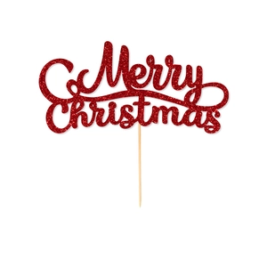 Sparkling red glitter Merry Christmas cake topper with wooden stick on white background