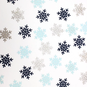 Colorful Christmas snowflake confetti set with blue and silver glitter flakes for party decor