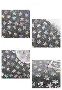 Macro detail of laser iridescent snowflake confetti with colorful light reflections