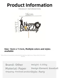 Baseball themed Happy Birthday cake topper specifications with size and material details