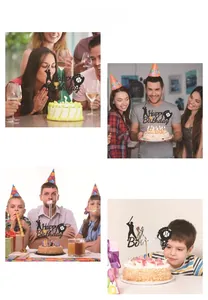 Glittery black baseball themed Happy Birthday cake topper shown in various party scenes