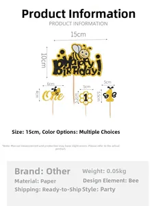 Size specifications for glittery bee theme happy birthday cake topper set with dimensions