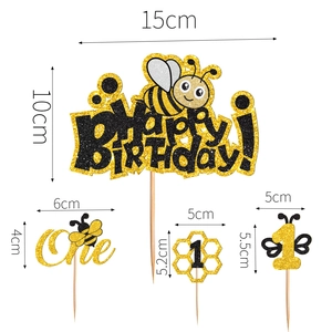 Glitter bee theme cake topper set with Happy Birthday sign and 1st birthday beehive flags