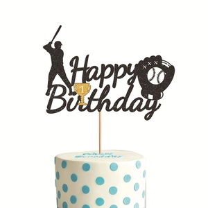 Baseball Birthday Cake Topper Glitter Black Paper Card Happy Birthday Sign Sports Theme Party Decoration For Kids Boys