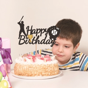 Baseball themed happy birthday cake topper with glittery silhouette for boys party decor
