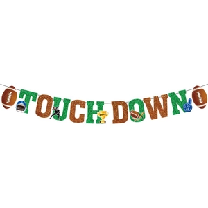 Bannière scintillante 'TOUCH DOWN' avec casque de football et trophée pour la fête