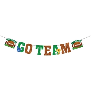 Bannière pailletée GO TEAM football américain avec trophées et décorations de fête