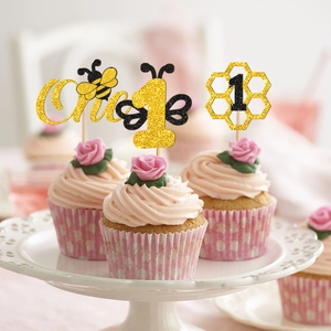 Glitter bee themed 1st birthday cake toppers featuring One and number 1 shapes for party