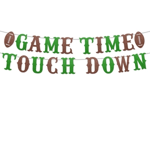 Glitter Game Time and Touchdown banner with football accents for themed party decor