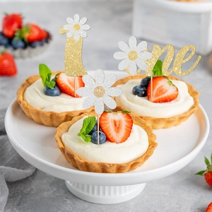 Tortenaufsatz Set zum 1. Geburtstag mit Gänseblümchen und goldenem Glitzer Design
