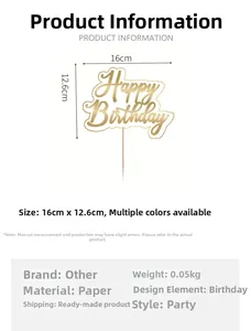 Detailed size chart showing a 16cm x 12.6cm gold Happy Birthday paper cake topper