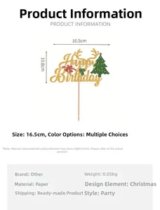 Detailed dimension guide for Christmas Happy Birthday cake topper with glitter finish