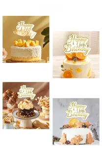 Detail showing Happy Birthday cake toppers in gold and white on various dessert styles