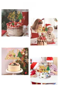 Glittery gold Happy Birthday cake topper with Christmas tree and reindeer antler details