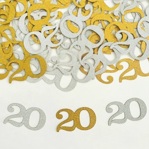 Confettis numéros 20 or et argent étincelants pour décorations de fête d'anniversaire