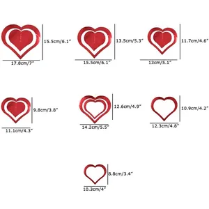 Size chart showing seven dimensions of red heart hanging decorations for party decor