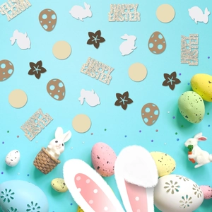 Easter confetti set with gold Happy Easter letters and bunny shapes for table decoration