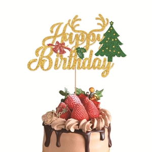 Christmas Theme Birthday Cake Topper Gold Glitter Paper Reindeer Antler Green Tree Noel Party Decoration Festive