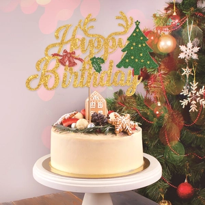 Golden glitter Happy Birthday cake topper with Christmas tree and reindeer elements