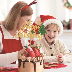 Golden glitter Happy Birthday cake topper with Christmas tree and reindeer antlers décor