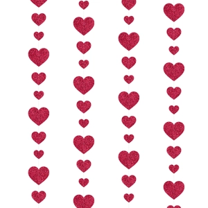 Detail of red glitter heart streamers featuring large and small hearts for romantic events