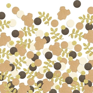 Mixed confetti for baby shower with baby suits, leaves and glitter gold paper dots