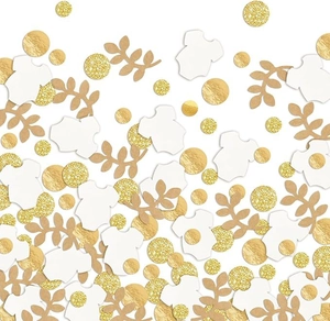 Detail of gold glitter confetti and white baby onesie paper cutouts for party decor