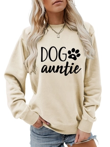 Détail du sweat beige dog auntie à col rond avec poignets et ourlet côtelés