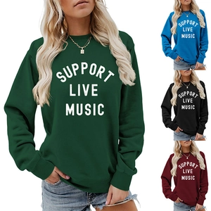 Detailed view of women's loose crewneck sweatshirt featuring SUPPORT LIVE MUSIC print design
