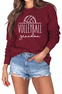 Detail of burgundy sweatshirt featuring white Volleyball Grandma print and crew neck