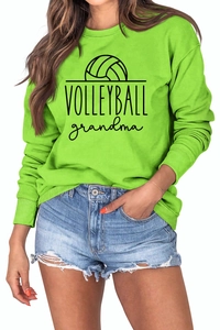 Detail of bright green long sleeve sweatshirt with Volleyball Grandma print and ribbed cuffs