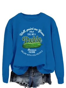 Detail of blue crewneck sweatshirt with pickles graphic and humorous English text print